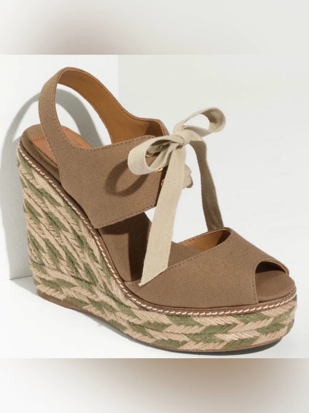 Tory Burch Wedge Sandals Womens 9M Linley Espadrille Platform Tan Olive Lace Up